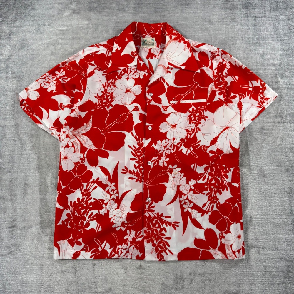 Island Casuals Shirt Mens XL Red Vtg 1960s Hibiscus Floral Loop collar Hawaiian